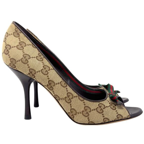 Gucci GG Guccissima Supreme Canvas Red Green Web Ophidia Bow Peep Toe Heels 37.5 - Picture 5 of 10